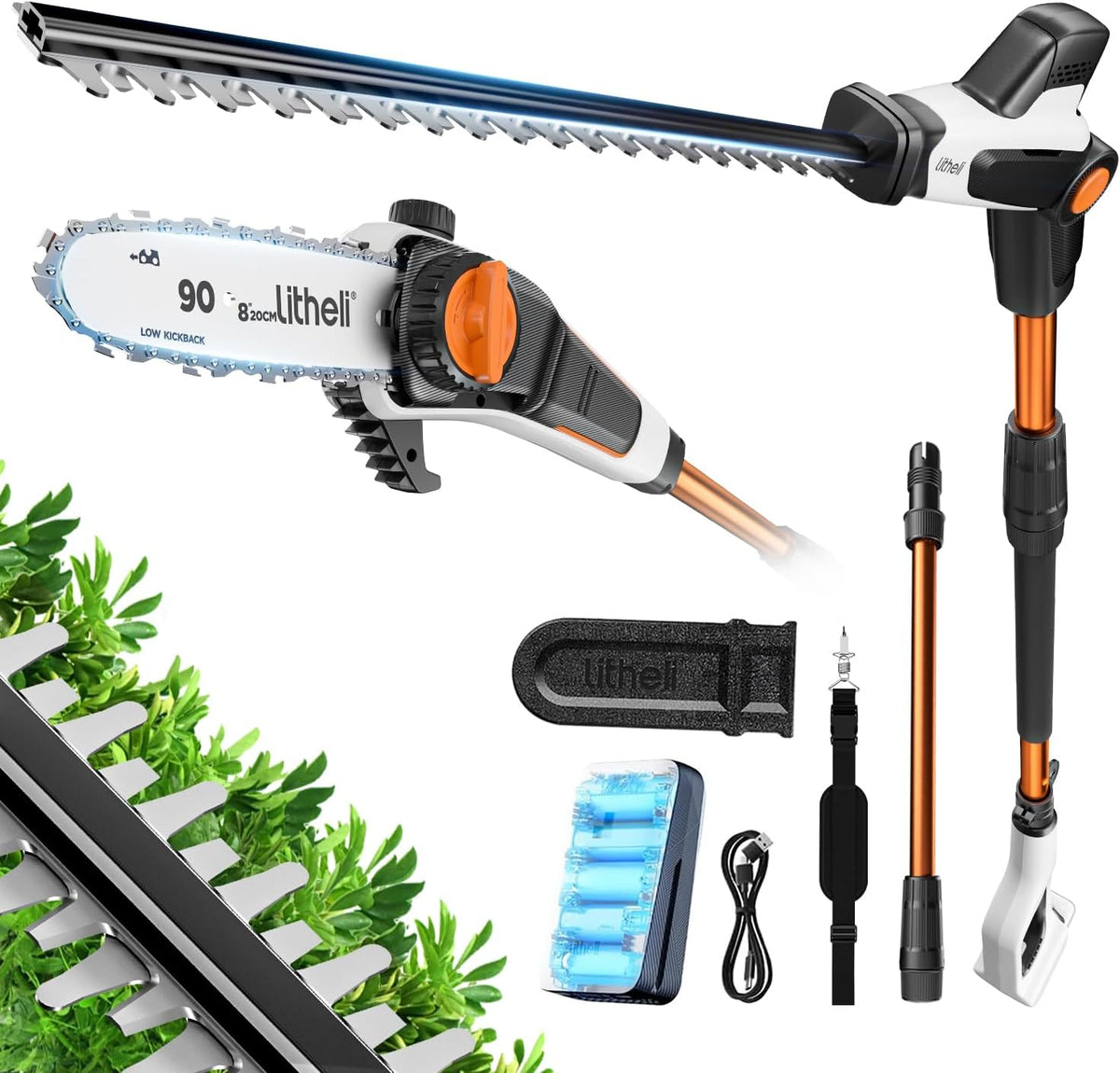 LiTHELi Taille-haie, Batterie 2, 0 Ah, tête inclinable et Perche rallonge pour Une Coupe Facile, 47 cm, 20 cm, 210 cm, 316 cm, 234 cm, 340 cm