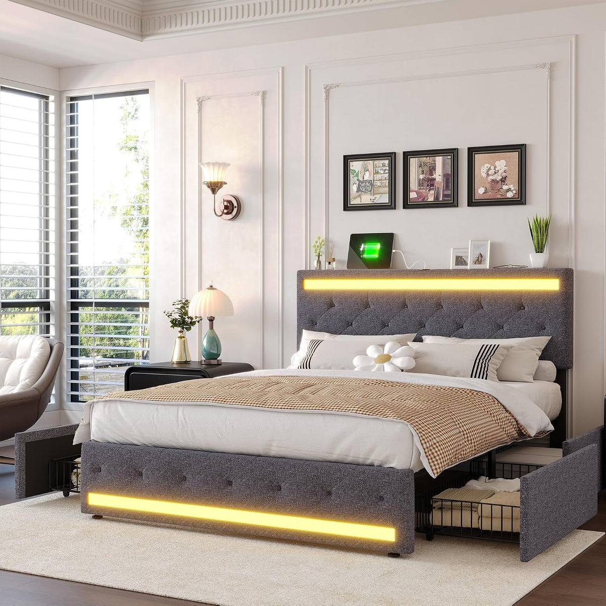 Cadre de lit, télécommande, 140 × 190 cm, BSMGSGN, 140 × 200 cm, 160 × 200 cm, 180 × 200 cm, 108 cm, 4 tiroirs, éclairage LED, réglable, portable
