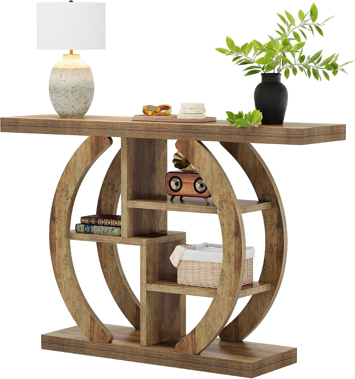 Console Tribesigns, pour salon, 108 cm, avec base circulaire, en bois avec étagères de rangement, 4 niveaux, 4 étagères, couloir, foyer