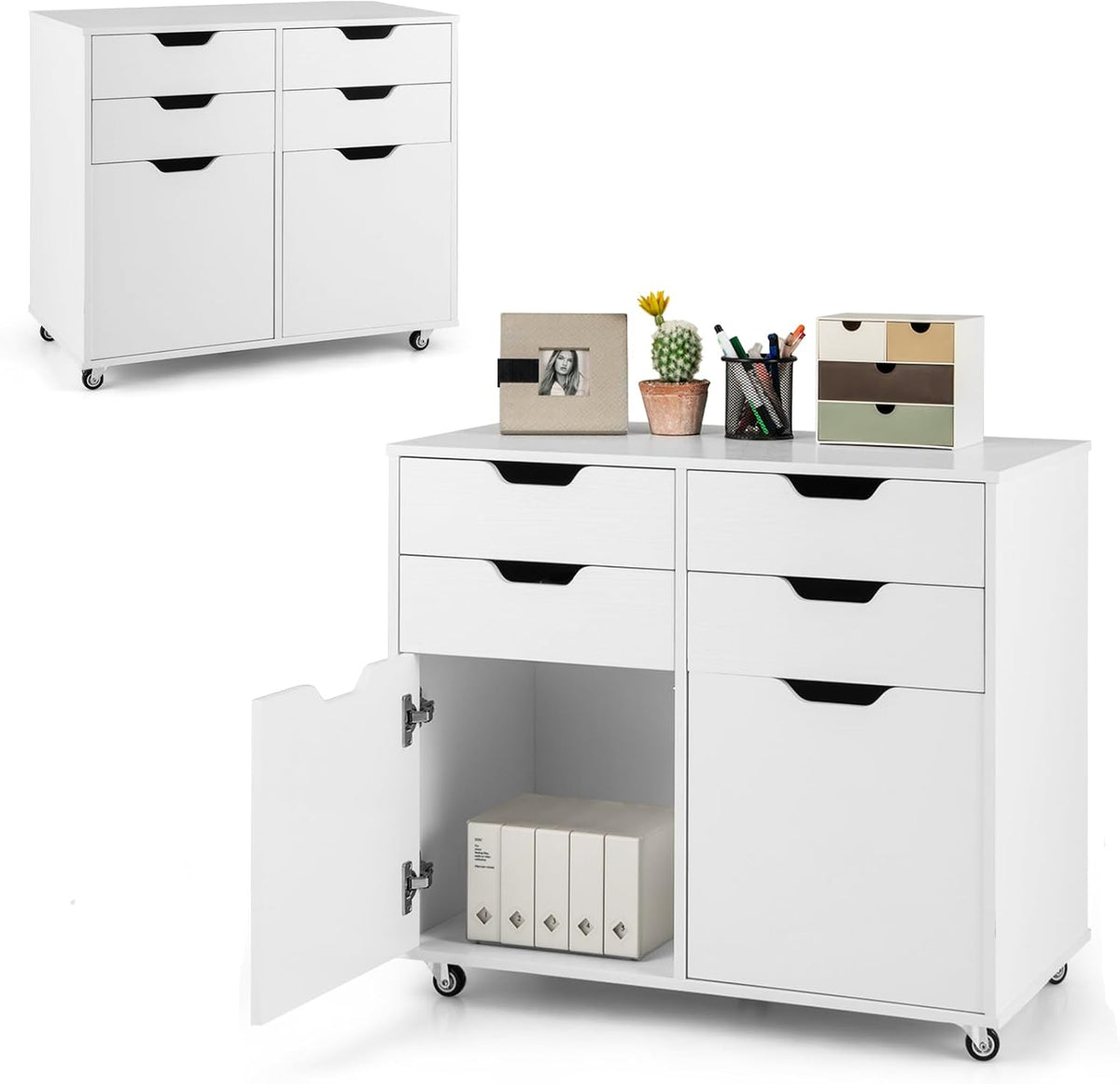 KOMFOTTEU Caisson de rangement, Caisson de Bureau Mobile, 73 × 40 × 64, 5 cm, Armoire de Classement avec 4 Tiroirs & 2 Armoires à Porte