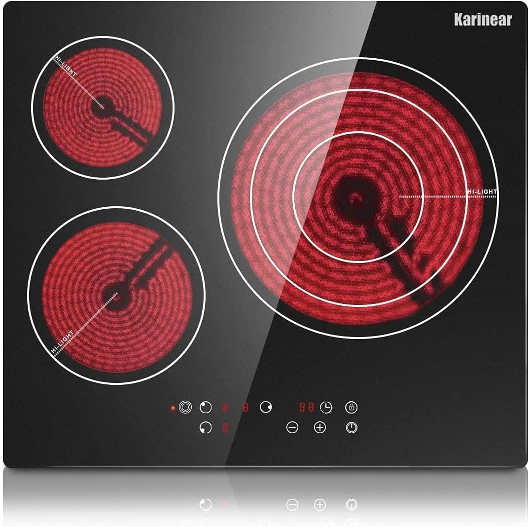 Karinear Plaque de cuisson, 5700 W, acier inoxydable, 9 niveaux, 3 zones, commande tactile, minuterie, verre
