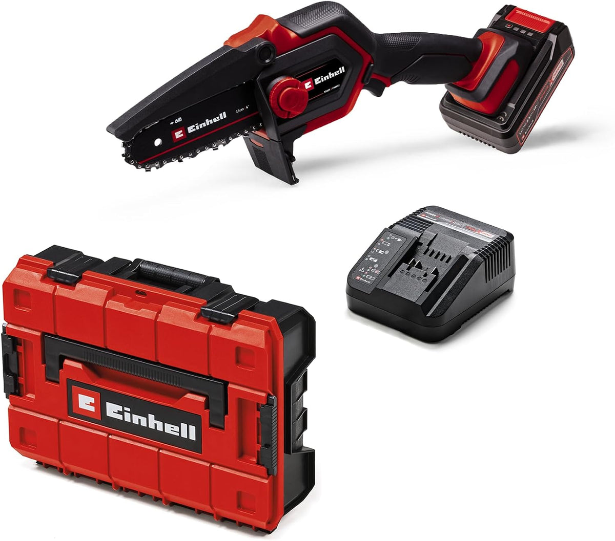 Einhell Tronçonneuse, batterie 2, 5 Ah, 18 V, 12, 5 cm, longueur de coupe de 12, 5 cm, pliable, brushless, chargeur