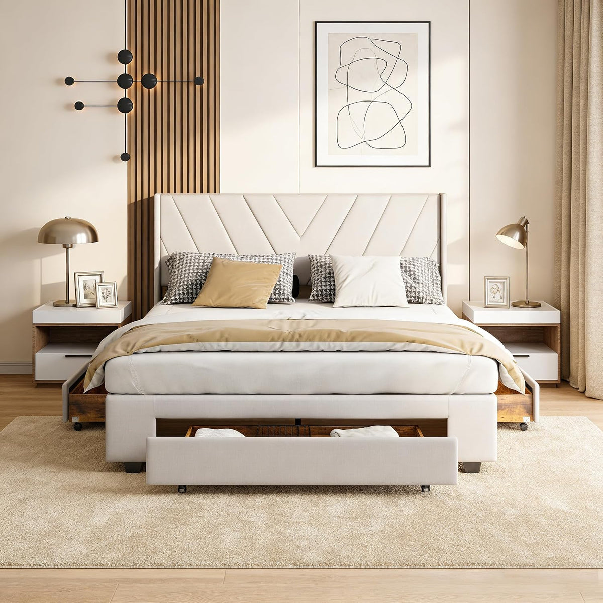 Cadre de lit, Tête de Lit Géométrique Moderne pour Chambre Adulte, 3 Tiroirs, BRYXR, 350KG, Stable et Montage Facile, Beige