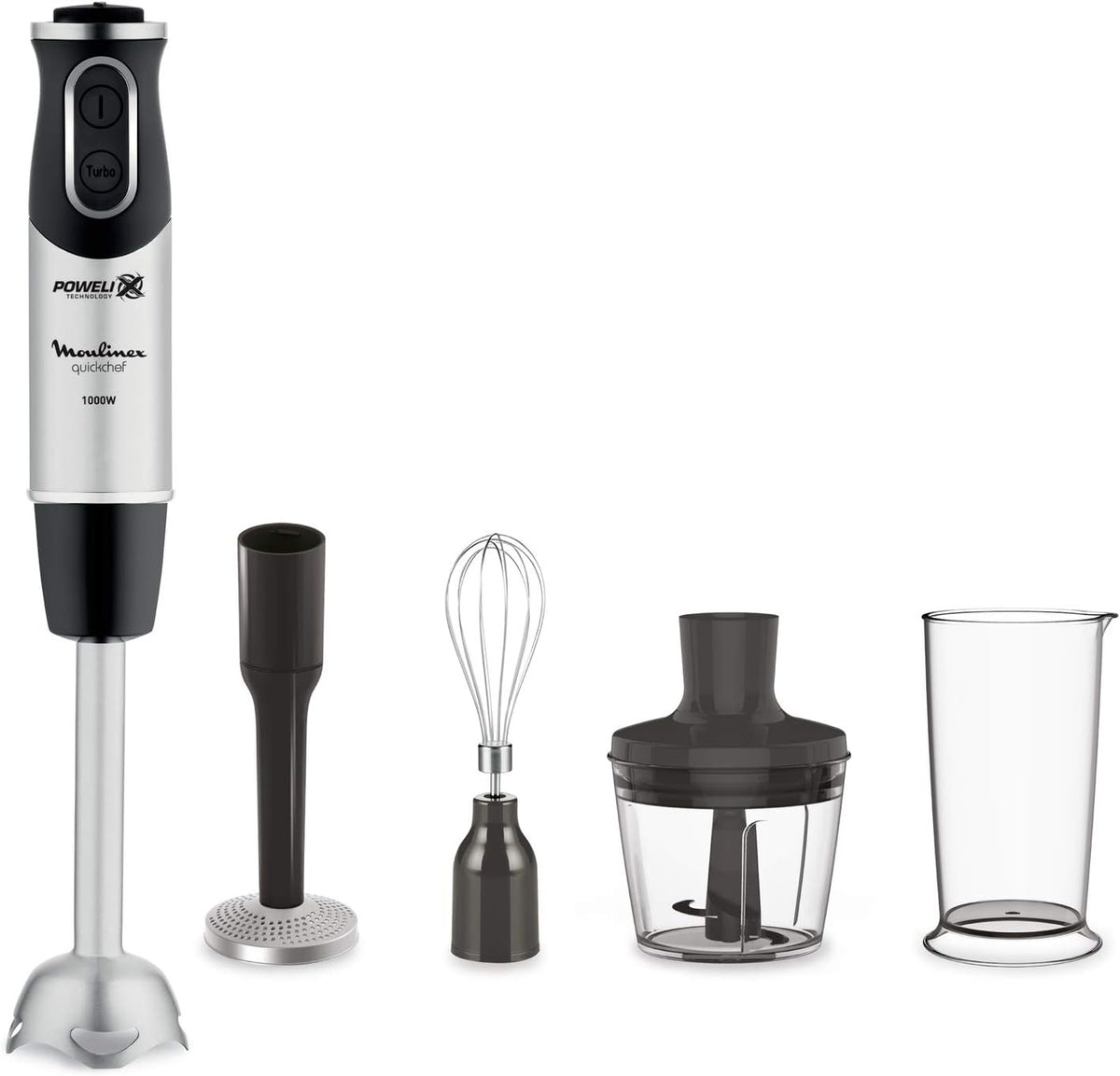 Moulinex Mixeur plongeants, 1000 W, réglable, acier inoxydable, 10 vitesses, 500 ml, 4-en-1 DD65H810, 1000W, Noir/Inox, Pied mixeur