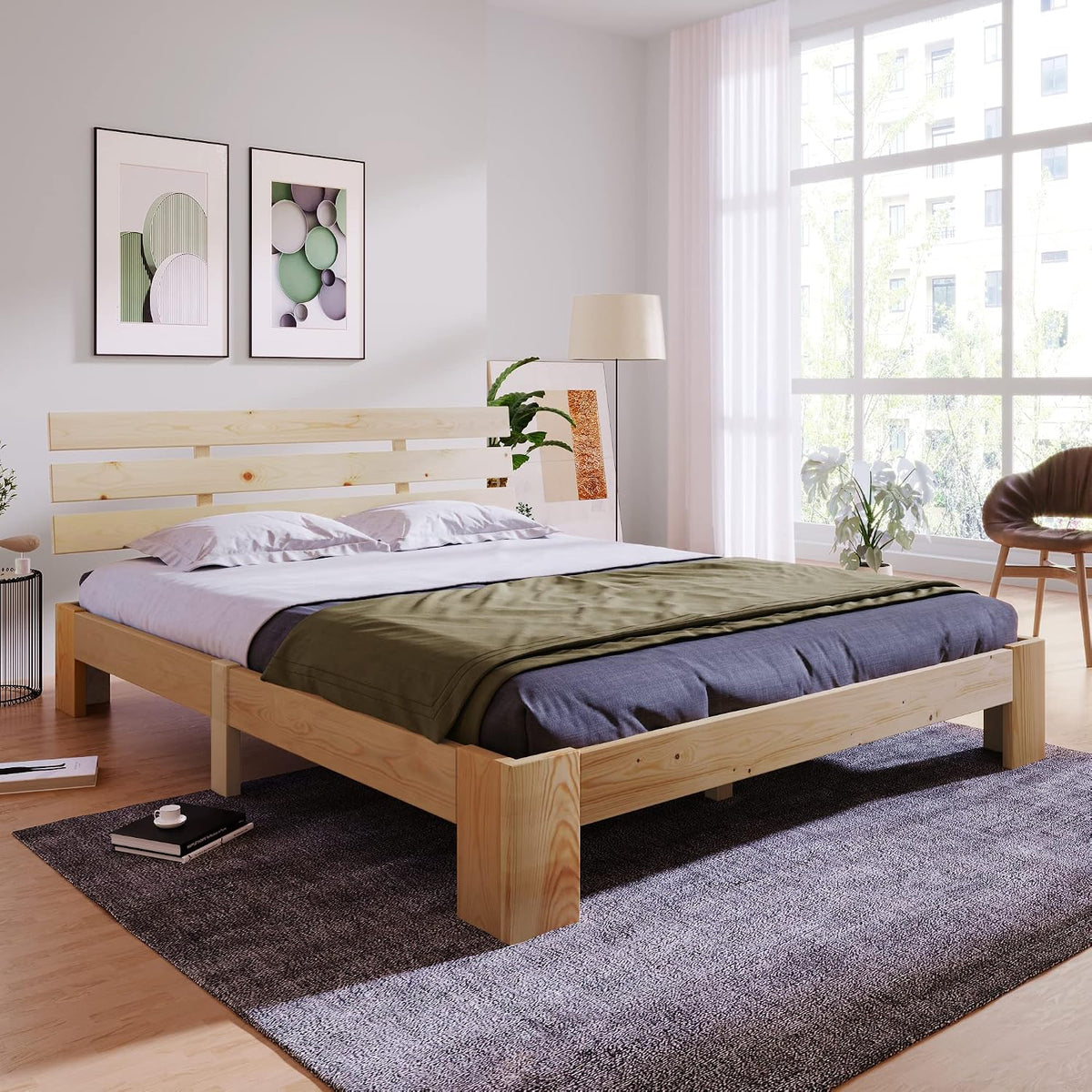 Lit, Meuble de Chambre à Coucher, 140 × 200 cm, en Bois Massif, Merax, 30 cm, 10 cm, Support à Lattes en Bois, chêne