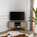 Meuble TV DECOROTIKA, 120 cm, Banc TV Coin Style Scandinave pour Salon, 55 Pouces, 18 mm, Compatible TV Jusqu'à 55 Pouces, Vert et Effet Rotin