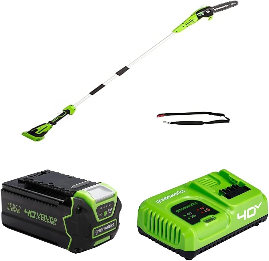 Perche élagueuses, LED à 3 Niveaux, Greenworks, 20 cm, 80 ml, G40PSF Élagueuse sur Perche 8-Pouces, 2.58 m Portée + Batterie 40V 5Ah Lithium-Ion