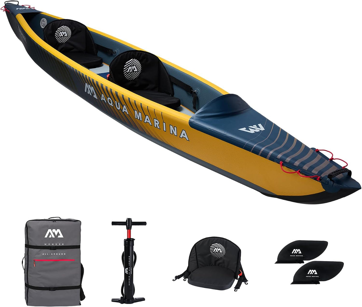 Aqua Marina Canot, 440 cm, Tomahawk AIR-K Kayak Gonflable Haute Pression pour 2 Personnes, Longueur 440 cm, Bleu Marine/Jaune