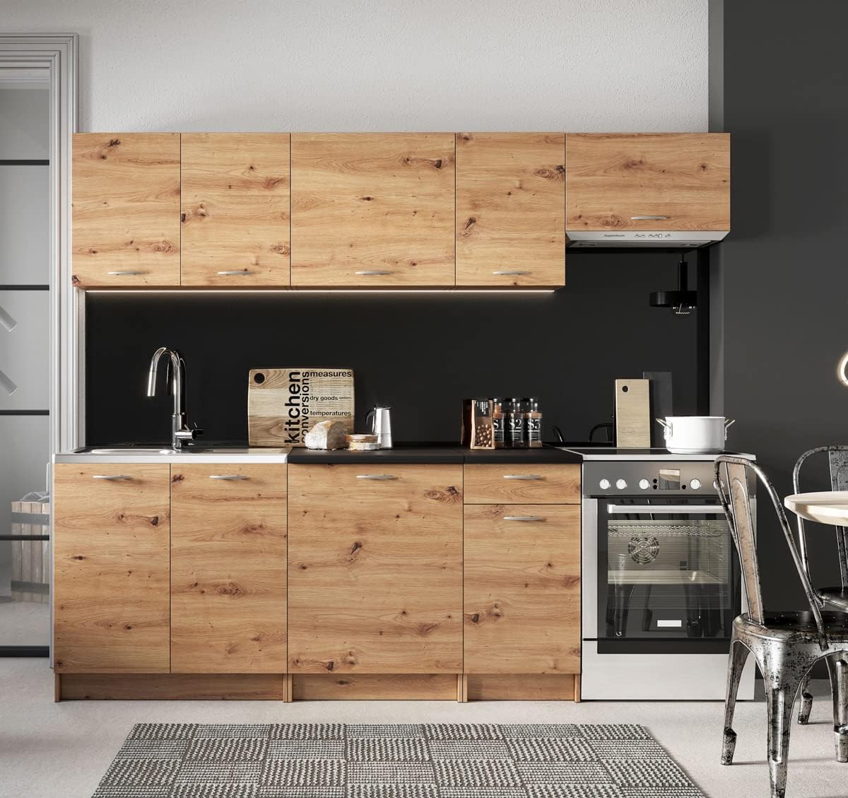 PEGANE Rangement sur pied, Cuisine complète Mila 7 éléments Couleur chêne Artisan avec Plan de Travail Inclus, 240 cm, 28 mm, 82 cm, 85 cm, 60cm