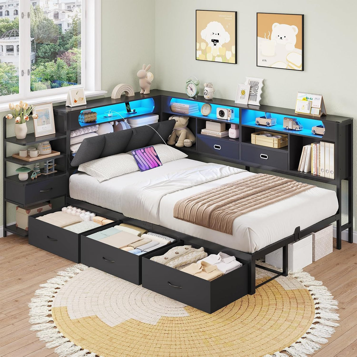 Cadre de lit, Banquette-Lit 1 Place avec Tête de Lit Capitonnée, DICTAC, télécommande, 4 Zones, 1Étagères, 2Tiroirs, éclairage LED