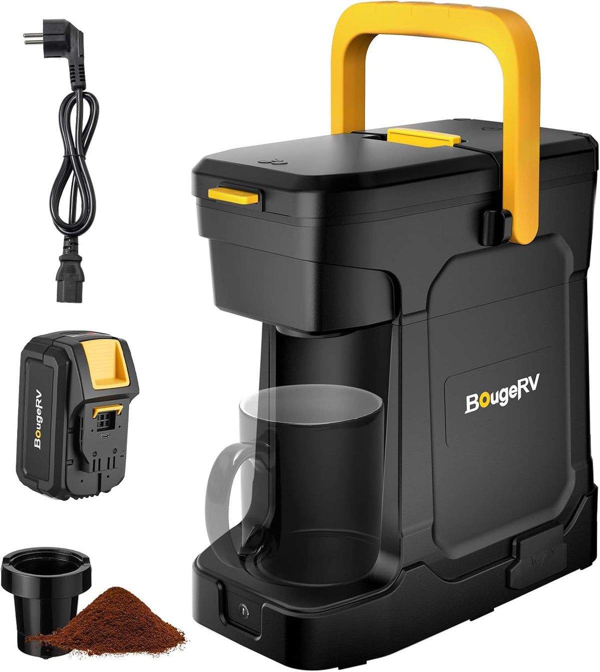 BougeRV Cafetière à dosettes, pour Camping, 26, 6 × 14, 7 cm, Batterie 144Wh, 8 Ah, 144 Wh, 240 ml, 18 V, 230 V, 13 cm, 8Ah, portable