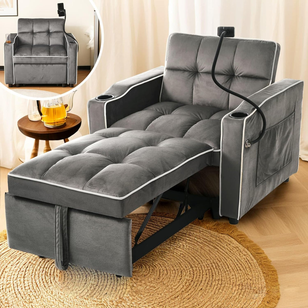 Canapé PUGSDRLY, télécommande, avec Porte-gobelets et Support pour Téléphone portable, réglable, Gris foncé
