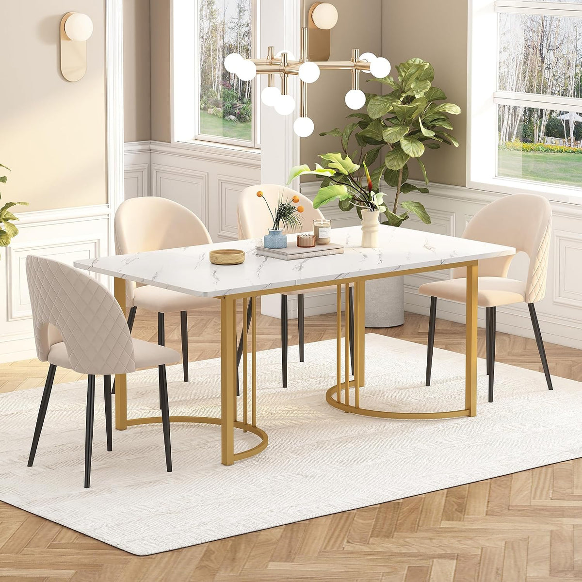 Table, pour 4-6 personnes, 140 × 80 cm, réglable, Merax, 140 × 80cm, Blanc/Or, cadre métallique, adapté pour restaurant, salon, cuisine