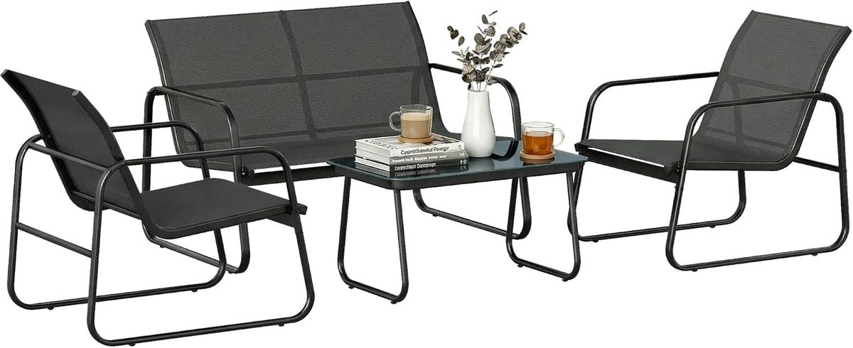 Salon de jardin, réglable, verre, Outsunny, Gris Foncé Noir