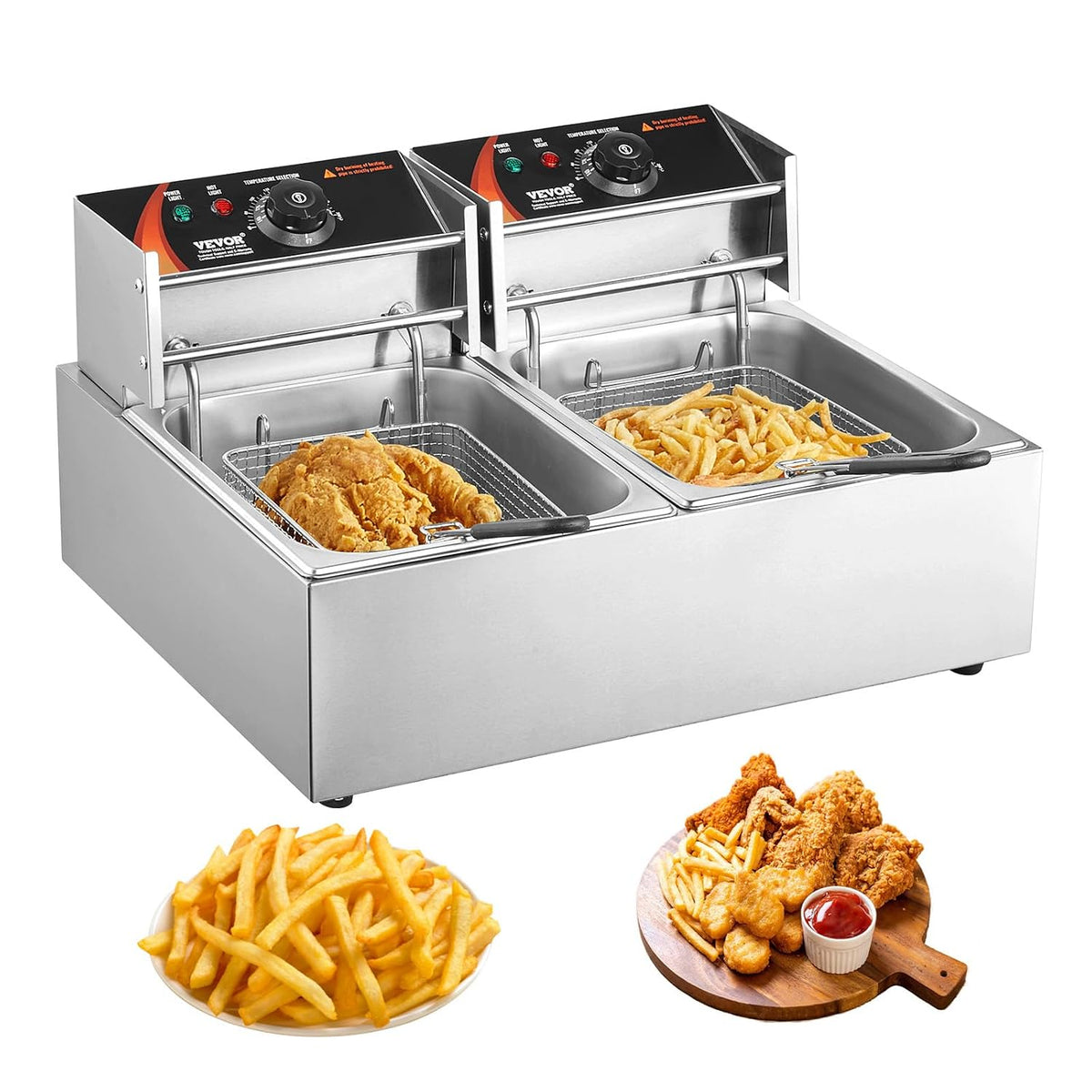 VEVOR Friteuse, avec Double Panier Amovible, acier inoxydable, 12 L, pour Poulet Frit Snack-Bars Cuisine, 8, 6 L, Grande Capacité de 12 L, 200 °C