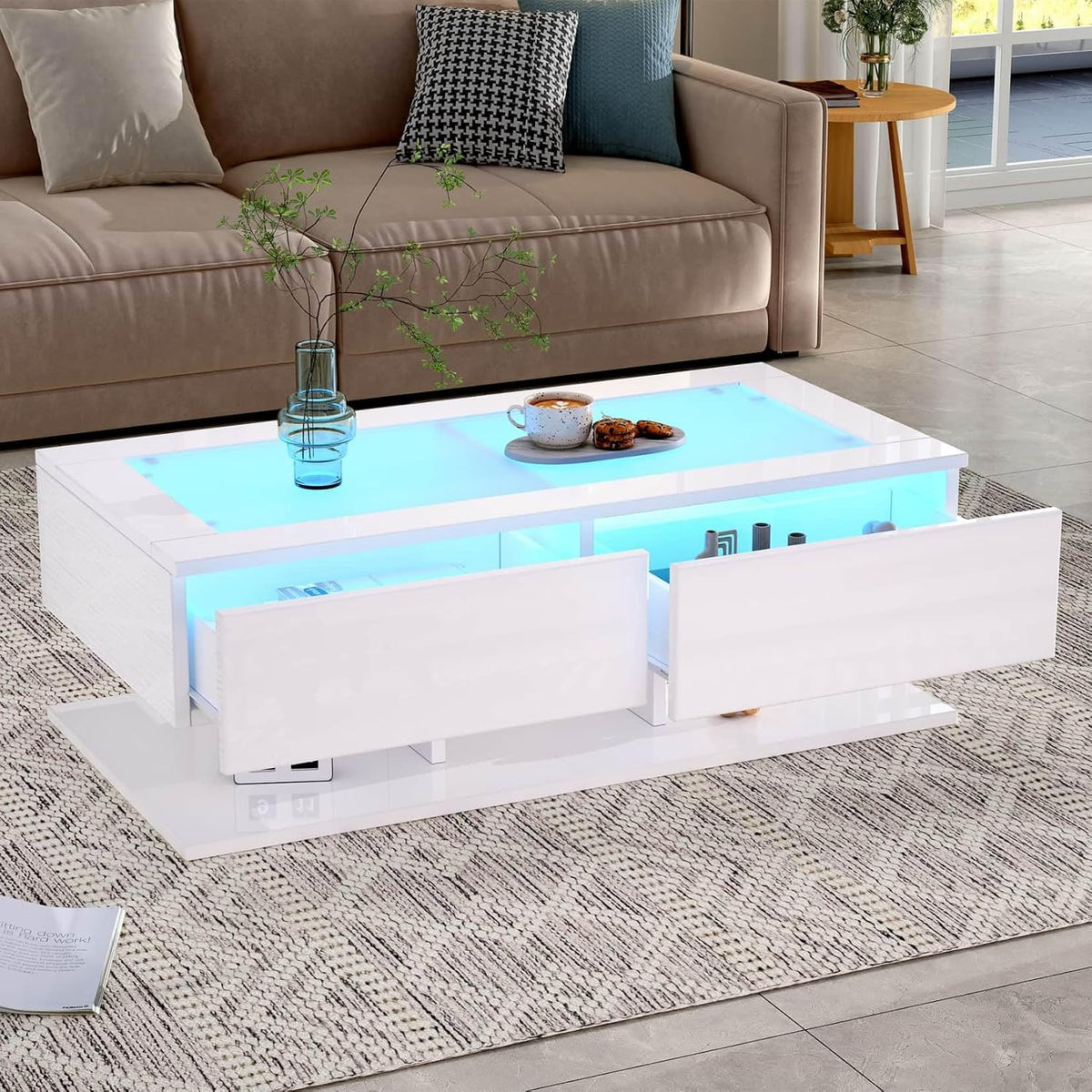 Table basse EURHCIO 50x100x35, 50 × 100 × 35 cm, verre, télécommande, pour Salon, 100 × 50 × 35 cm, 2 Tiroirs, éclairage LED