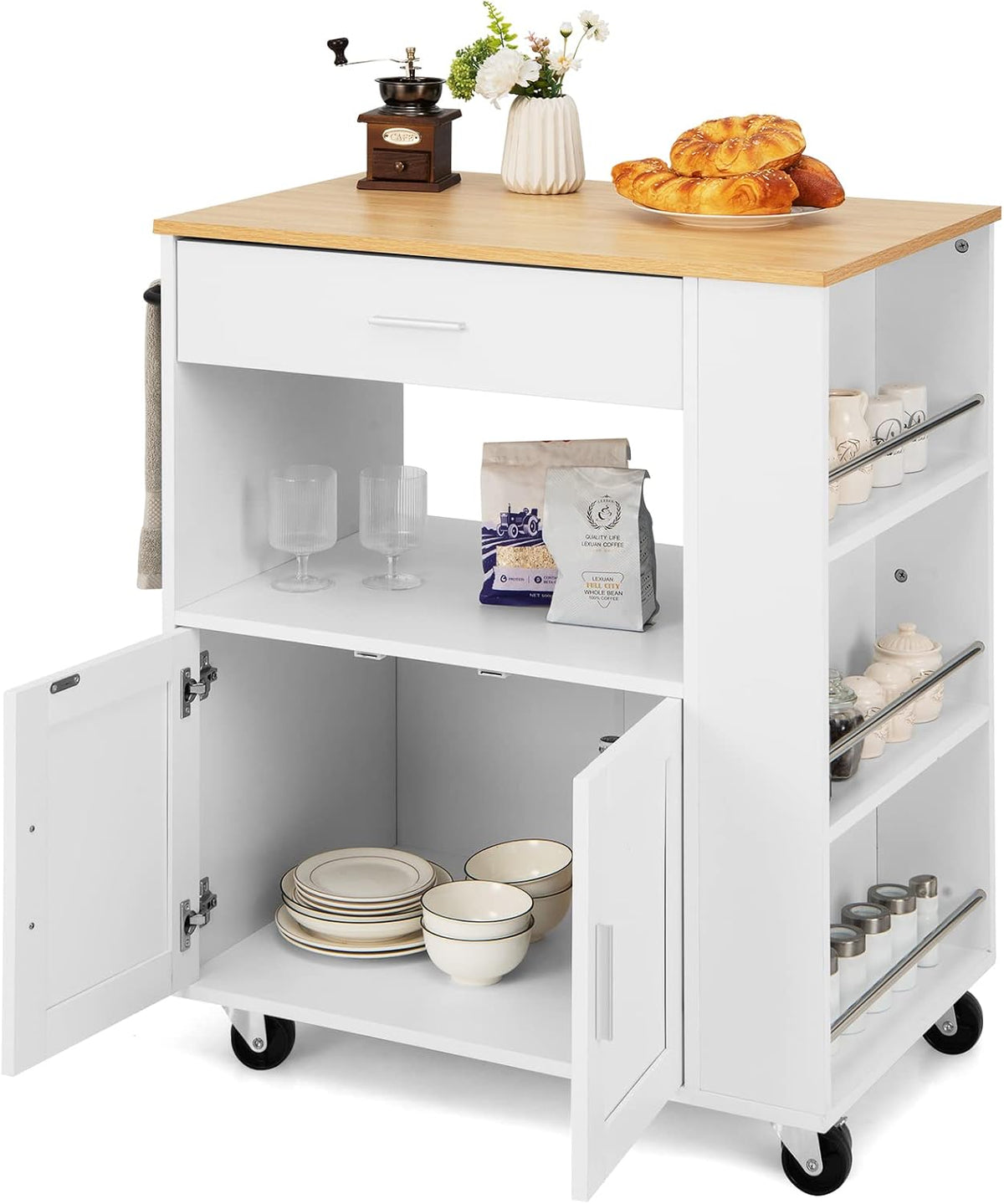 KOMFOTTEU Desserte, 3 étagères, Blanc et Industriel, portable, Chariot de Service, Plan de Travail