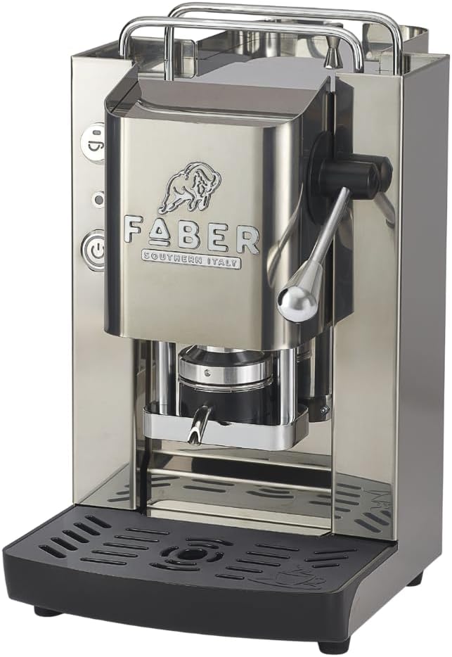 Machine à café FABER, réglable, 44 mm, acier inoxydable, 1 l, verre, porte-dosette amovible et bidon en verre, Glossy