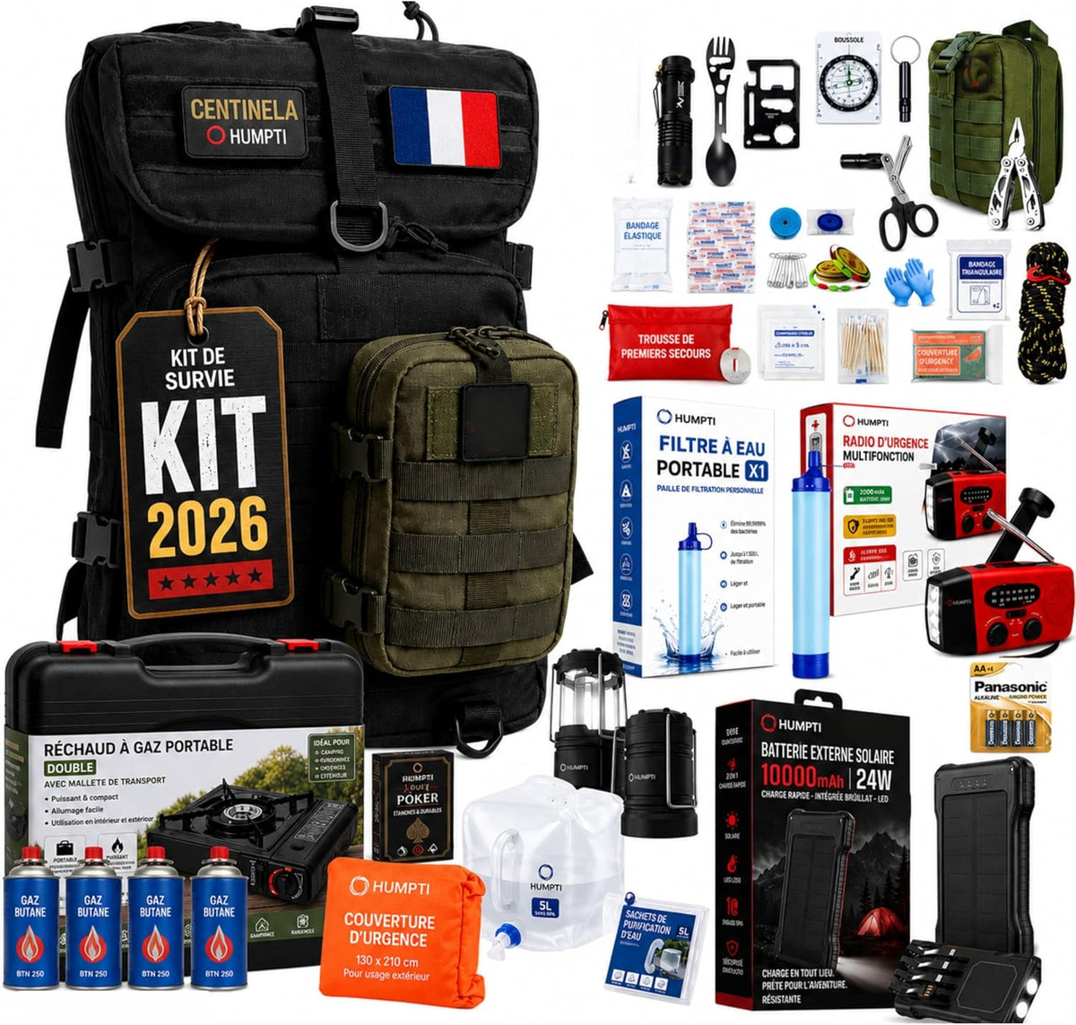 Humpti Kit de survie, Sac à Dos de préparation d'Urgence 72 Heures, équipement Essentiel avec Radio Solaire, éclairage