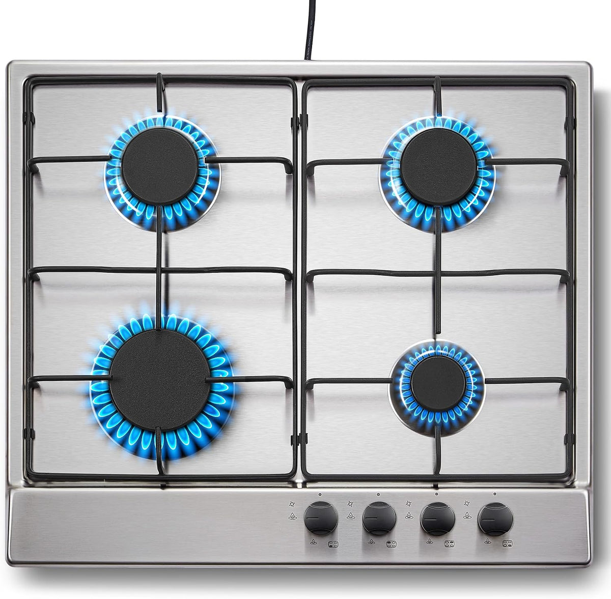 Top Plaque de cuisson, 7060 W, Plaque Gaz 4 Feux en Acier Inoxydable, 60cm, 2400W, 1880W, 900W, 4 Brûleurs, Encastrable Table de Cuisson 60cm