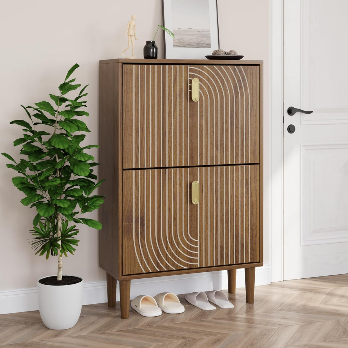 Armoire, Organisateur Autoportant pour Entrée, 60 cm, Meuble de Rangement à Chaussures avec 2 Tiroirs Rabattables, Smuxee, 2 portes, Salon