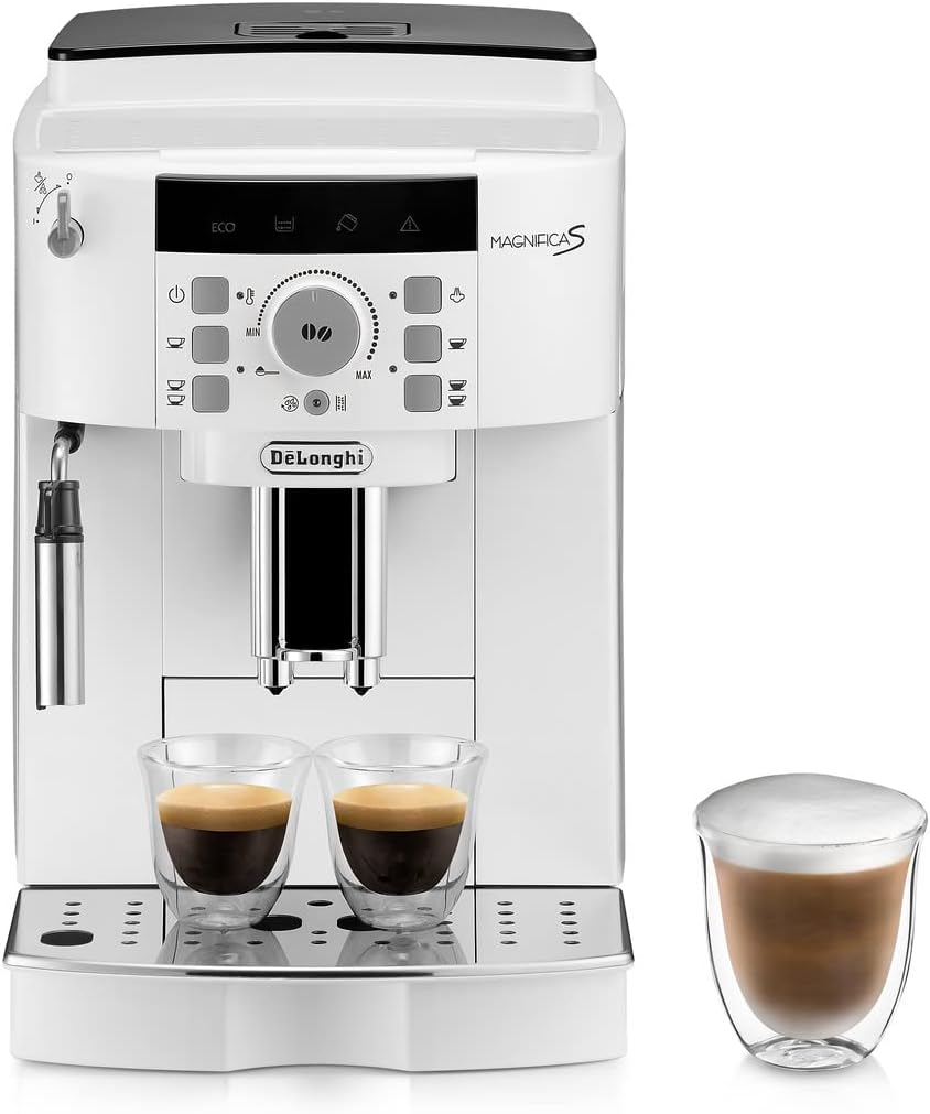 Machine à café De'Longhi ECAM22, réglable, Magnifica S ECAM22.110.W, 2 Recettes de Café, 2 Expressos à la Fois, Blanc, Espresso à Grains