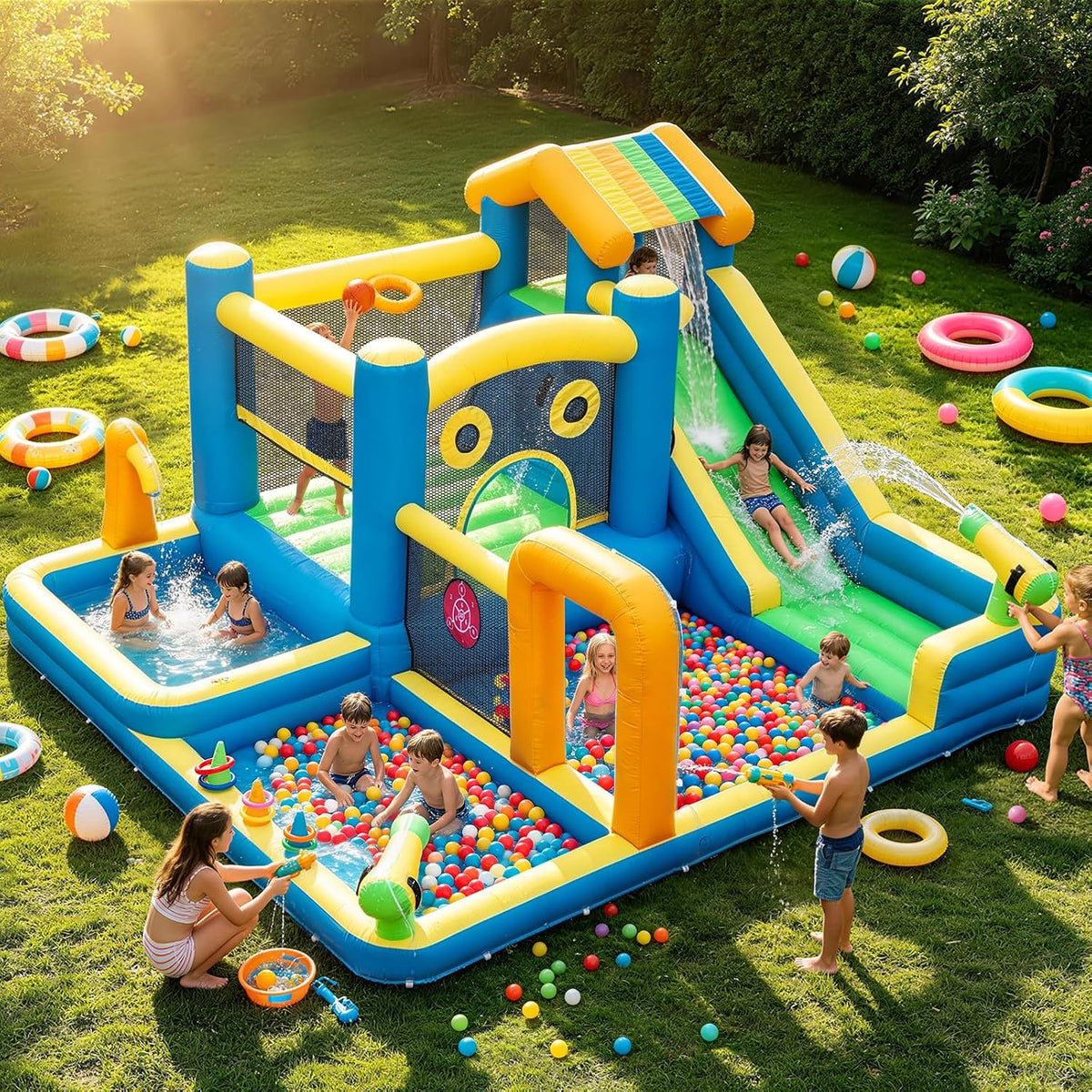 Châteaux gonflable, Château gonflable pour enfants avec toboggan aquatique, AONESY, jets d'eau, escalade, saut, soufflerie pour intérieur