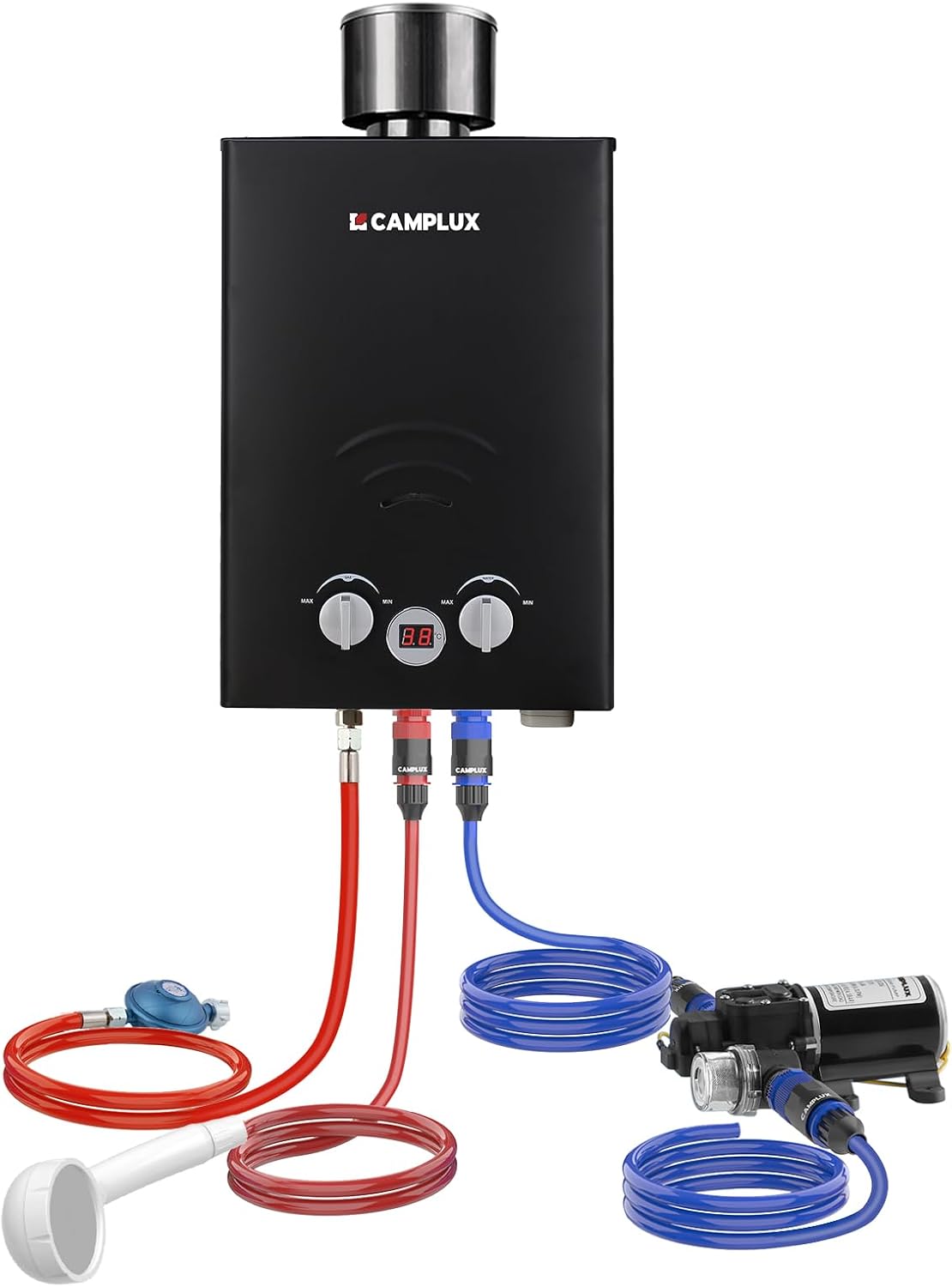 Chauffe-eau à gaz, pour Douche de Camping/Voyage en Camping-car/Cheval de Lavage, éclairage LED, 555 × 300 × 130 mm, CAMPLUX, 12 V, 680 cm, 110 cm