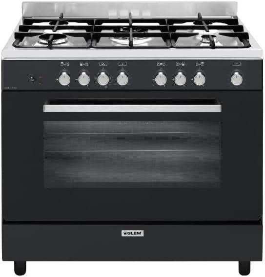 GLEM Cuisinière, acier inoxydable, 7 modes, Piano De Cuisson Mixte 104l 5 Feux Noir, GE960CVBK2, 3, 8 kW, 5 brûleurs, chaleur tournante, verre